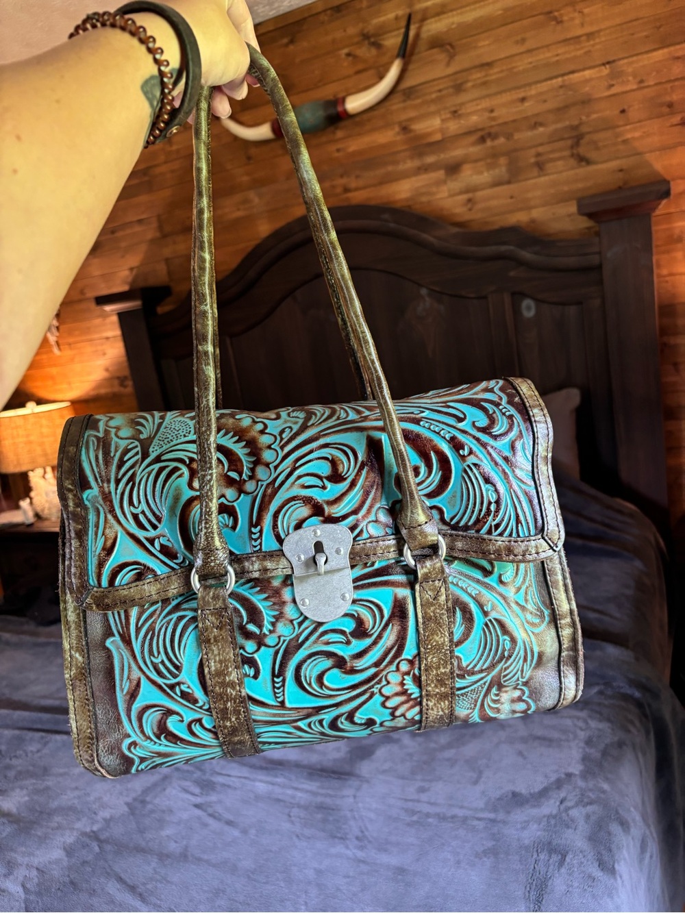 Patricia Nash Italian Leather Vienna Satchel, Tooled Turquoise, Like New Purse - Picture 2 of 16